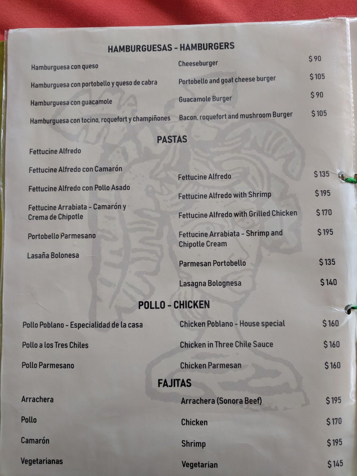 Menu at Bananas restaurant, Barra de Navidad