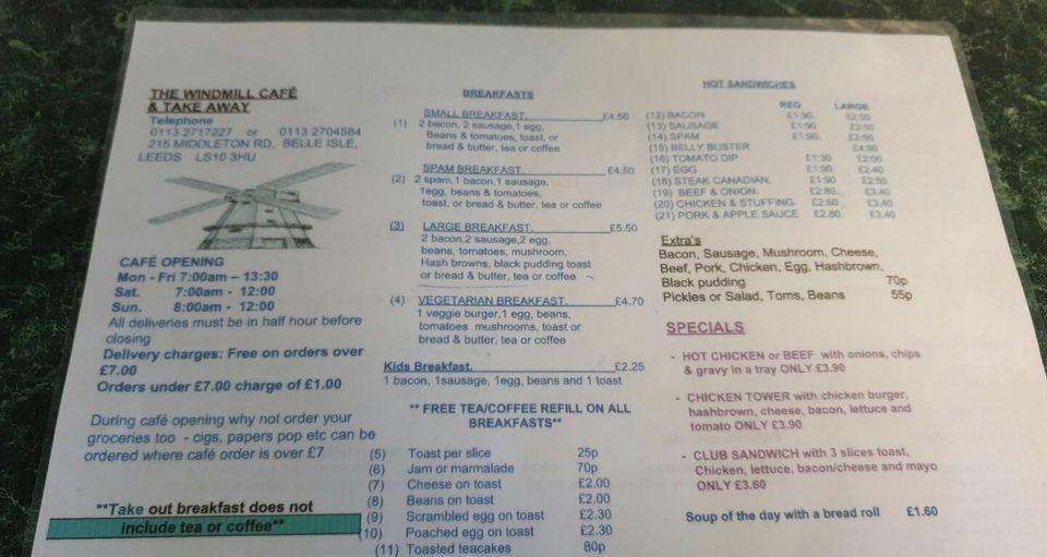 Menu at The Windmill Cafe, Leeds