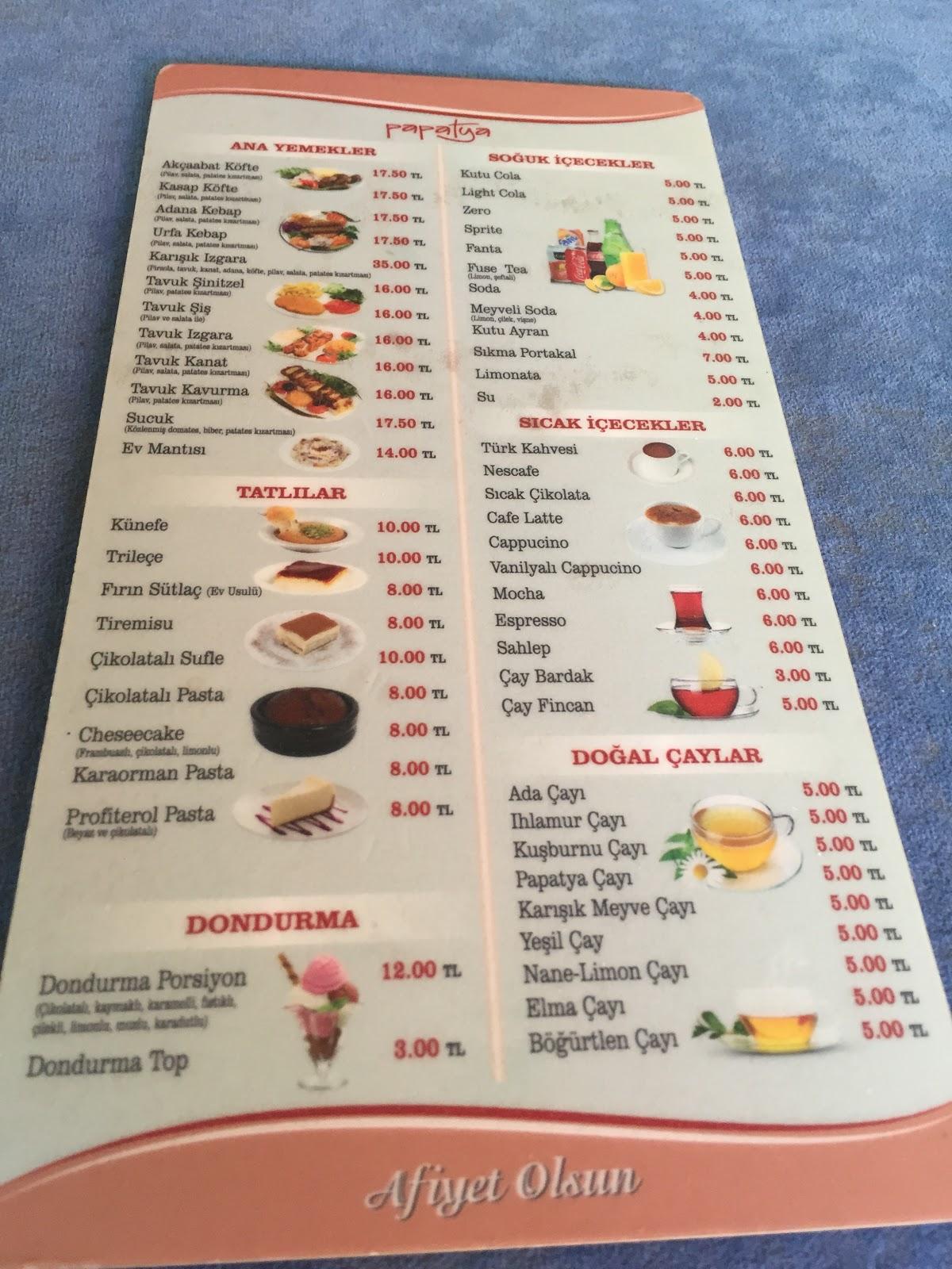 Menu At Papatya Cafe Restaurant Istanbul Mustafa Kemal Cad