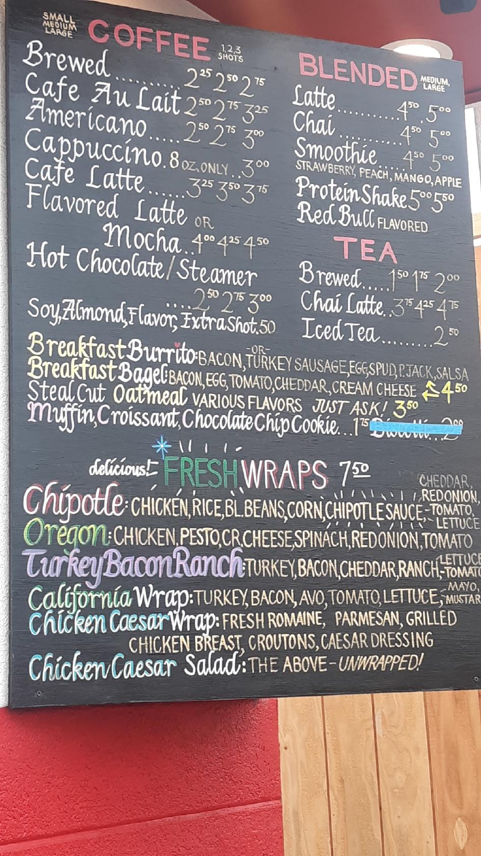 Menu at Tin Cup Coffee, Bandon