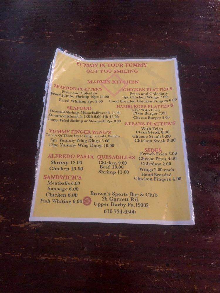 Menu at Brownie's pub & bar, Upper Darby