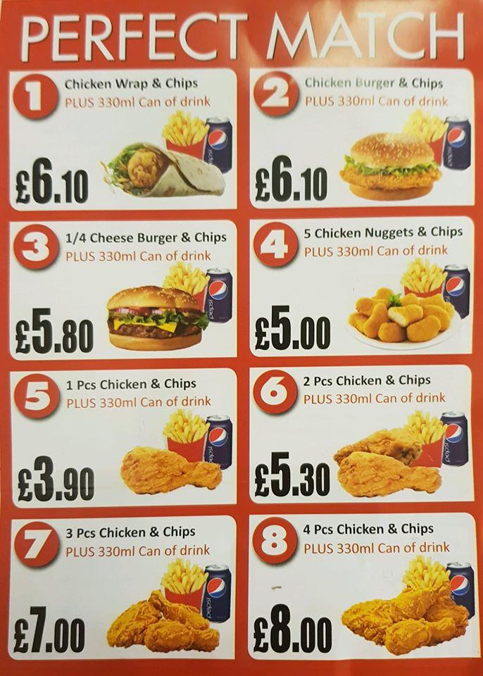 Menu at Howards Fried Chicken restaurant, Bury Saint Edmunds