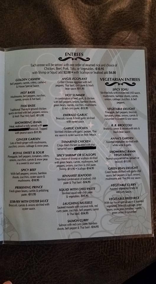 Menu at Kinnaree Thai Cuisine restaurant, Joplin