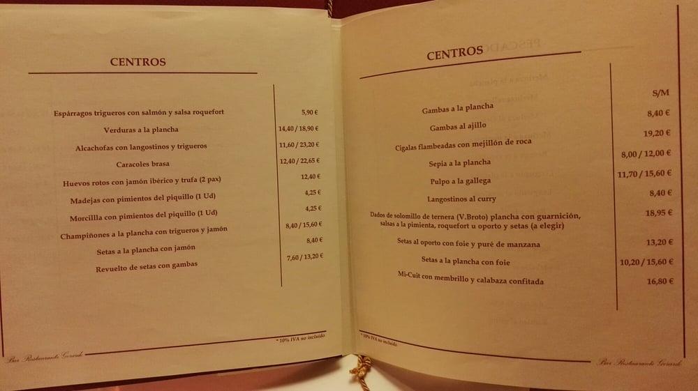 Carta de Restaurante Gerardo, Zaragoza