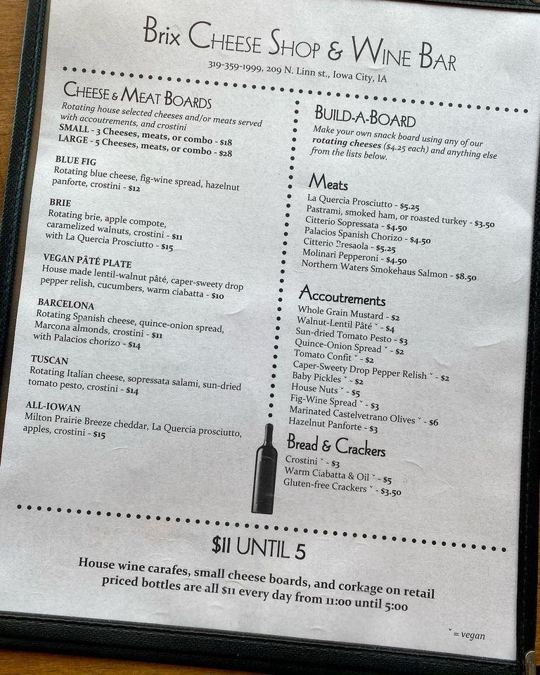 Menu at Brix Cheese Shop & Wine Bar, Iowa City