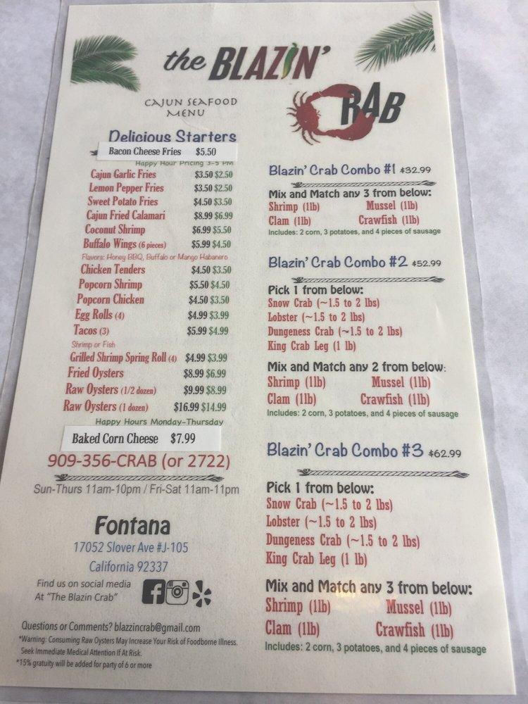 Menu at Blazin' Crab Fontana pub & bar, Fontana