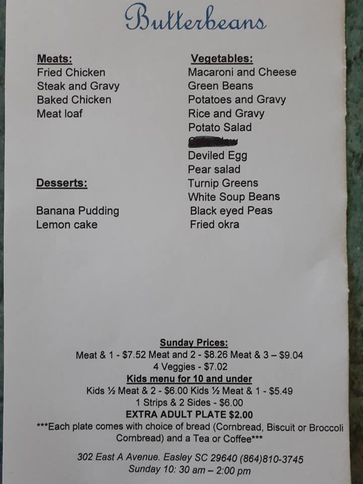 Menu at Butterbeans Restaurant, Easley