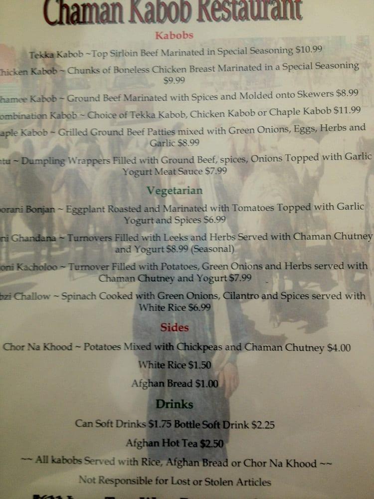 Menu at Chaman Kabob Restaurant, Brentwood