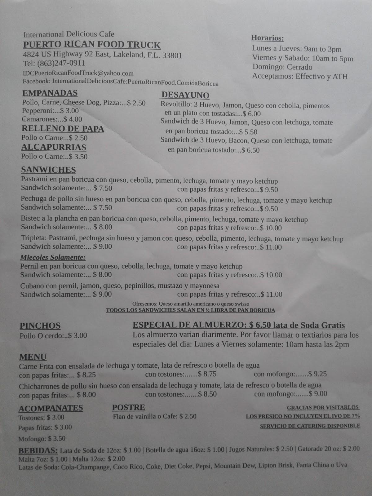 Menu at puerto rican food truck restaurant lakeland