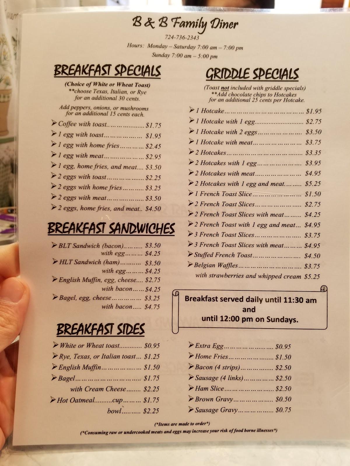 Menu At B & B Family Diner Restaurant, Perryopolis