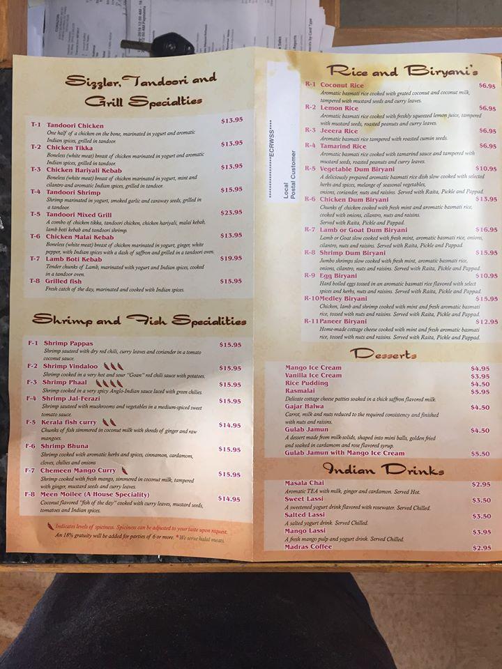 Menu at Curry and Kabab Indian Restaurant, Port Charlotte