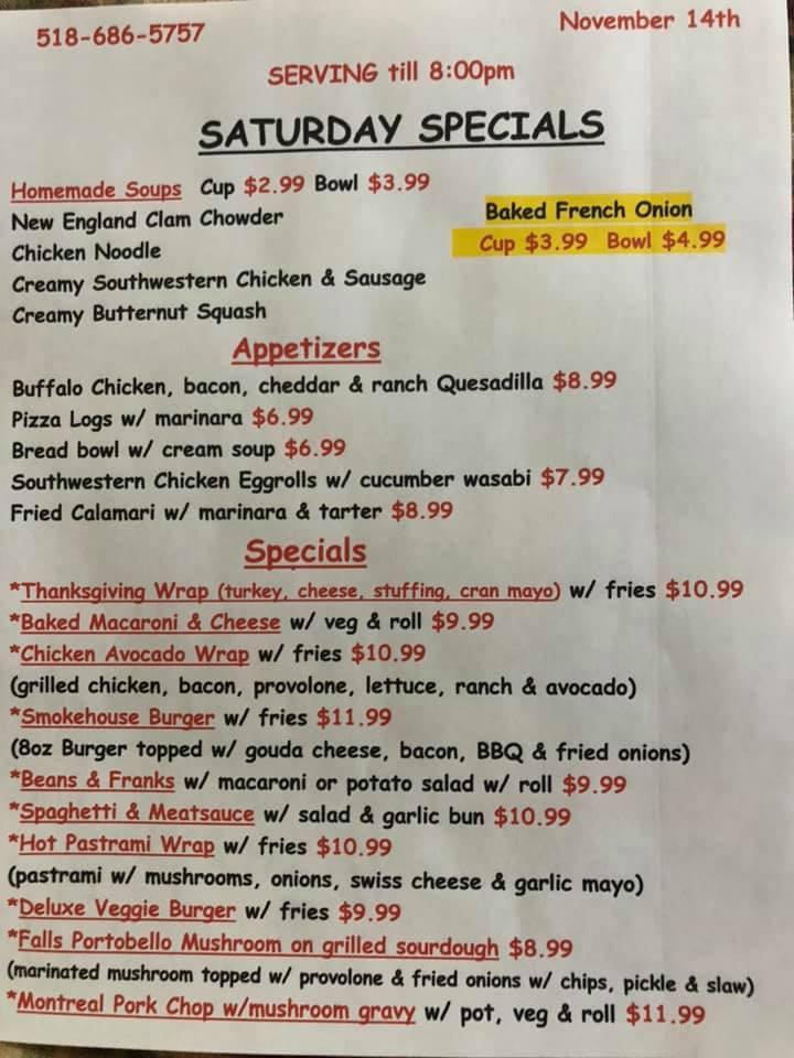 Menu at Fall's Diner restaurant, Hoosick Falls