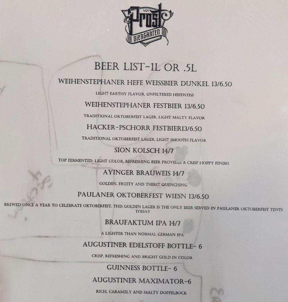 Menu at Prost Biergarten restaurant, Reno