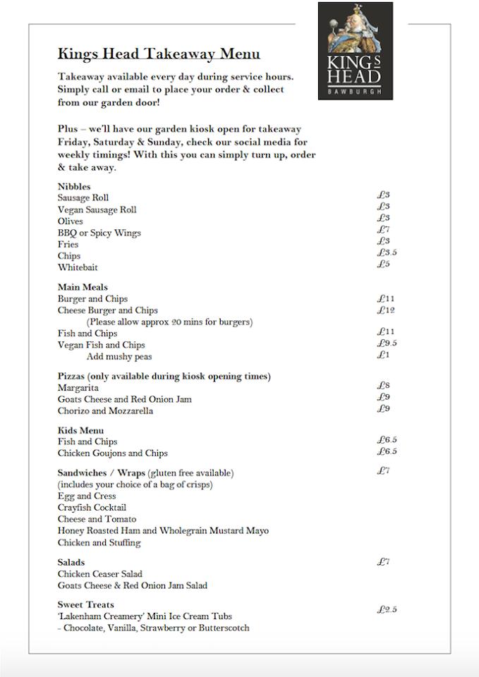 Menu at Kings Head Bawburgh restaurant, Bawburgh, Harts Ln