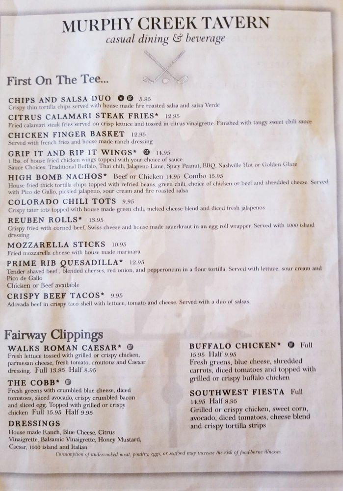 Menu at Murphy Creek Tavern pub & bar, Aurora
