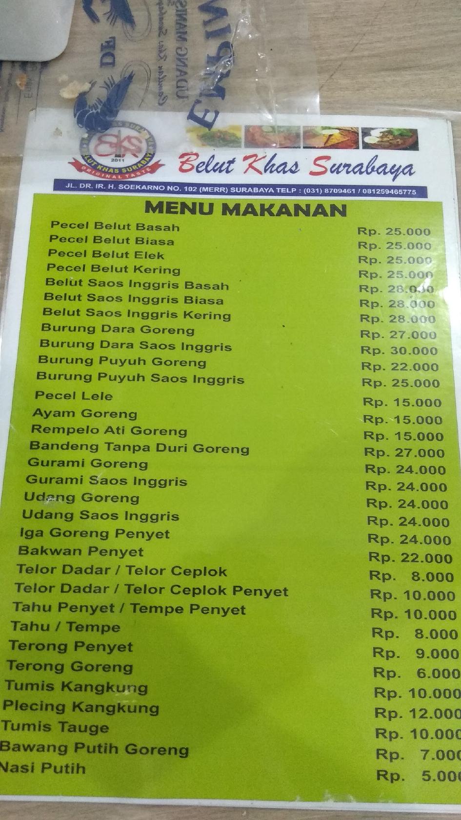 Menu at Belut Khas Surabaya MERR restaurant, Surabaya