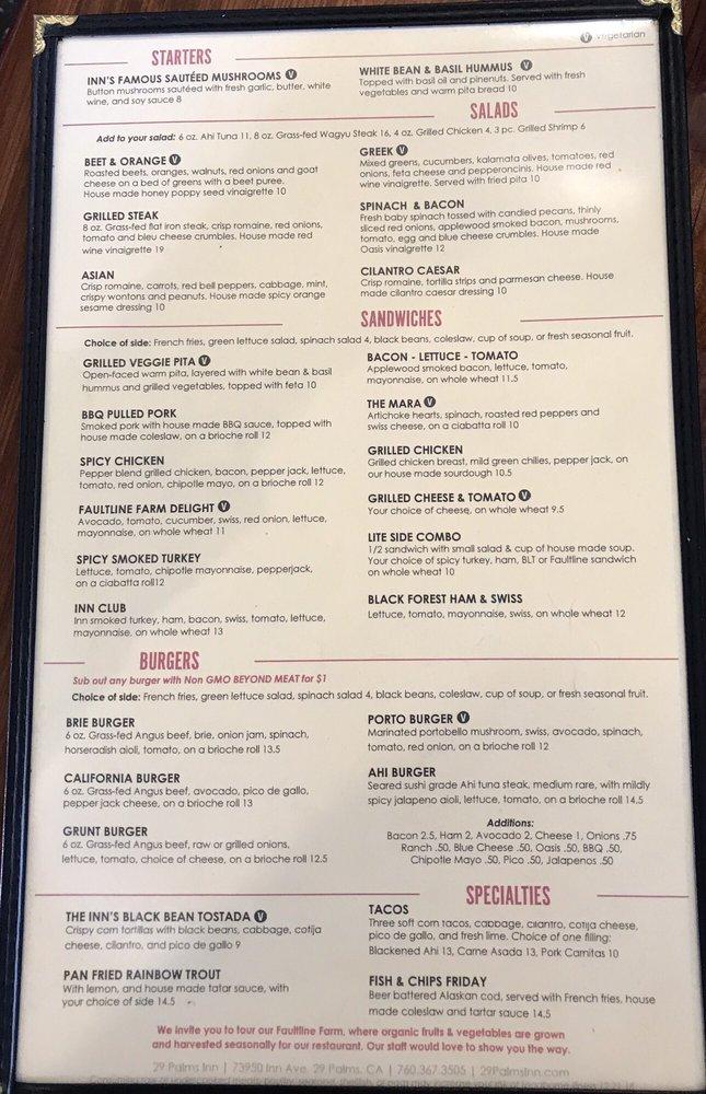 Menu at 29 Palms Inn steakhouse, Twentynine Palms