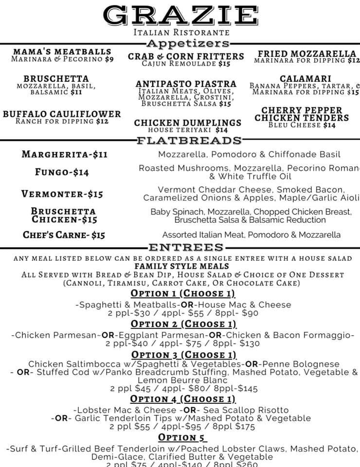 Menu at Grazie restaurant, North Adams