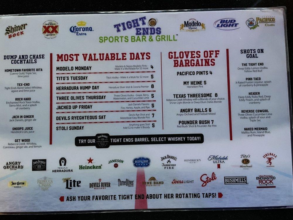 Menu At Tight Ends Sports Bar And Grill Plano