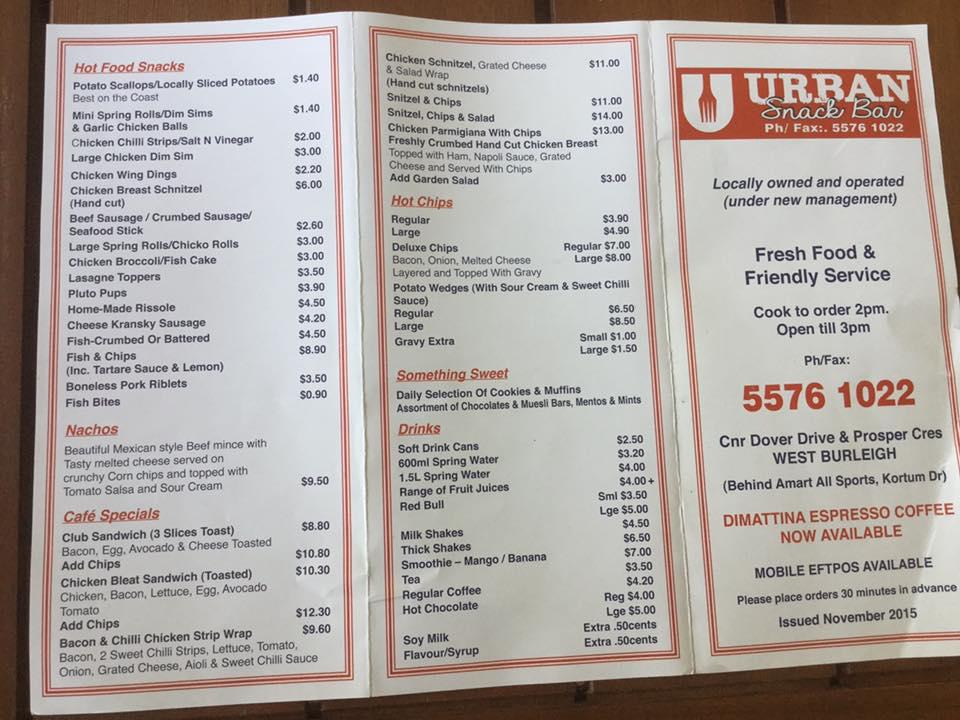 Menu at Urban Snack Bar Burleigh, Burleigh Heads