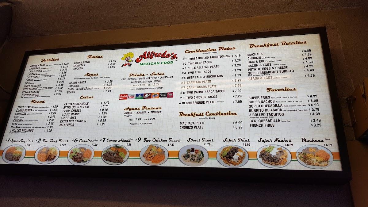 Menu at Alfredo's Mexican Food restaurant, Bell Gardens, Eastern Ave