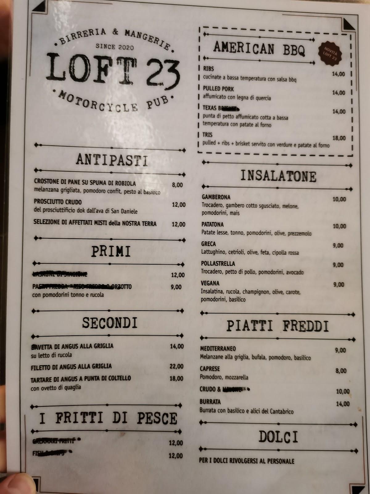 Menu at Loft23 restaurant, Udine
