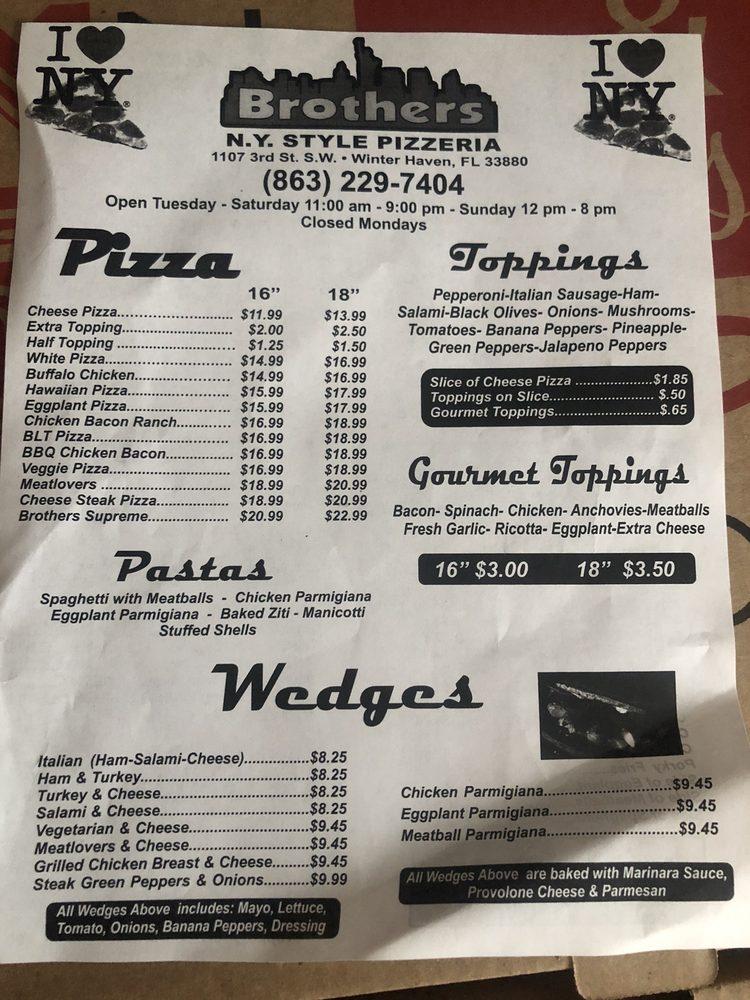 Menu at Brothers N.Y. Style Pizzeria, Winter Haven