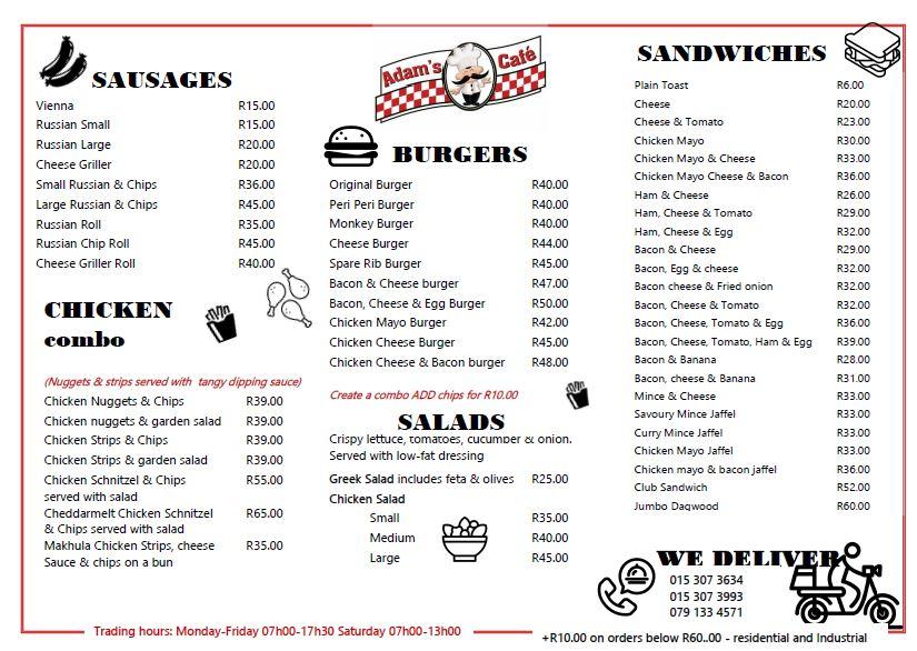 Menu at Adam's Cafe & Takeaways, Tzaneen