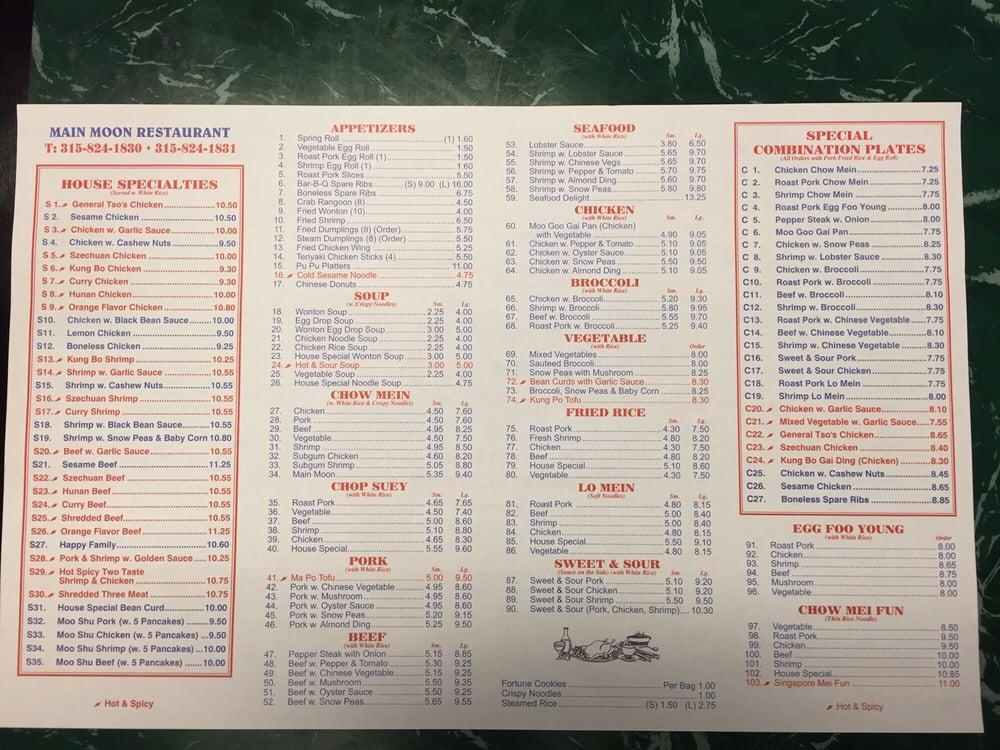 Menu at Main Moon restaurant, Hamilton