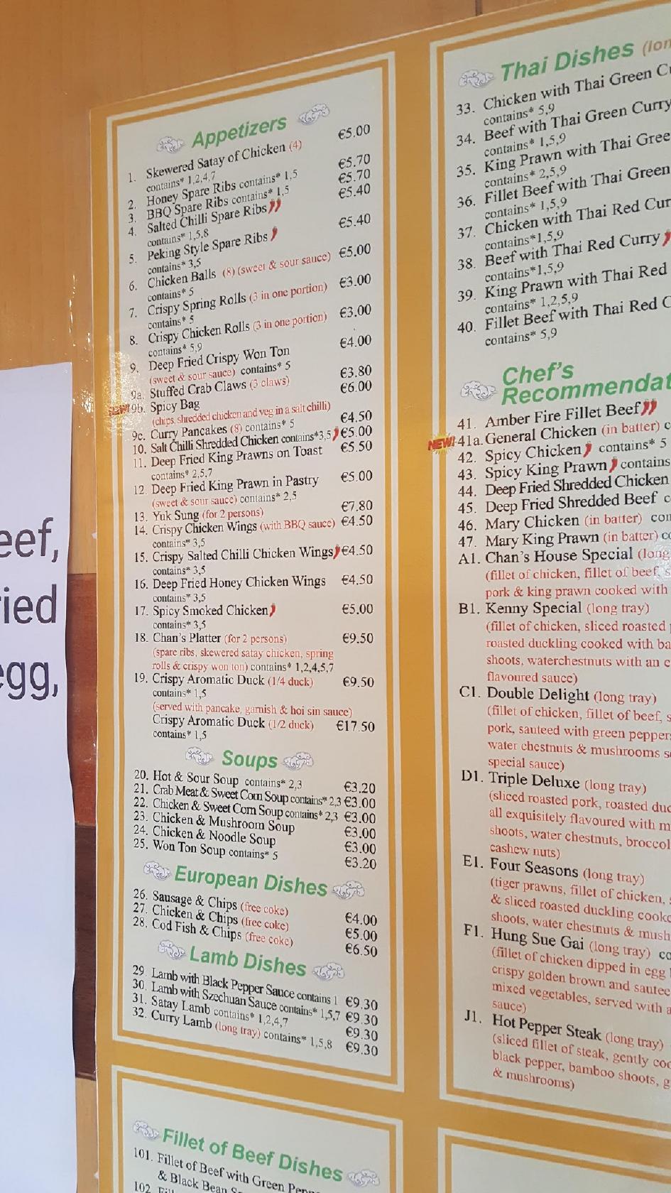 Menu at Chan's Chinese Take Away restaurant, Galway