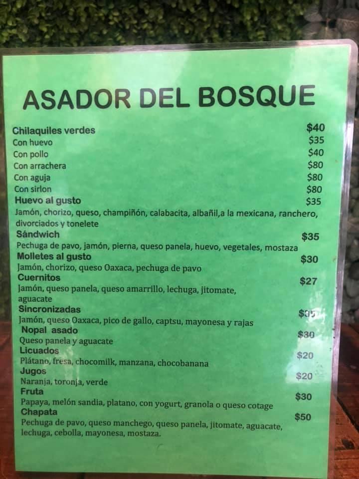 Menu at Asador del Bosque restaurant, Mexico City