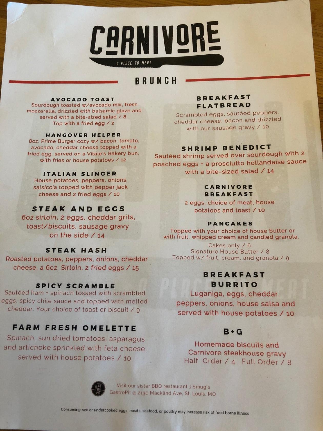 Menu at Carnivore STL steakhouse, St. Louis
