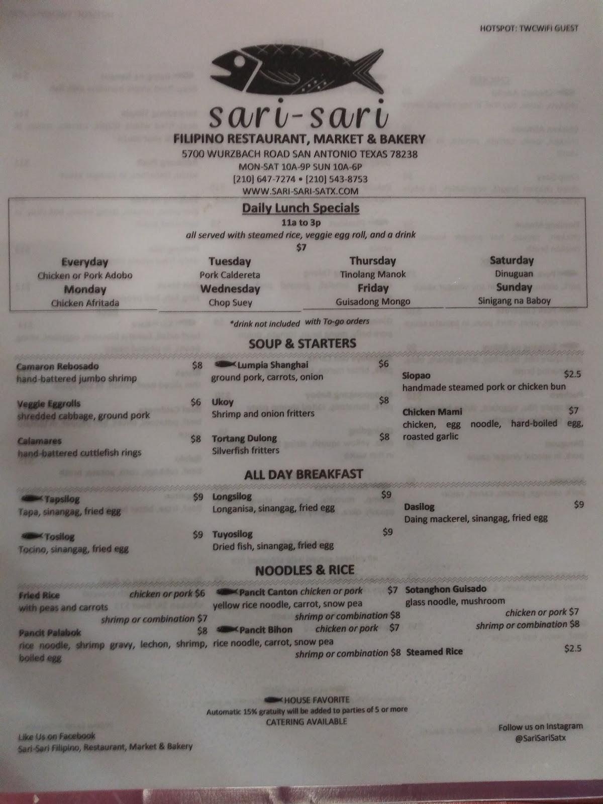 Menu at SariSari Filipino Restaurant, Market, & Bakery, San Antonio