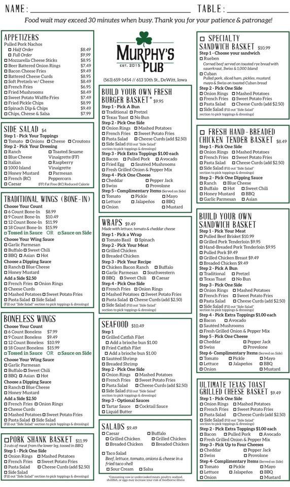 Menu at Murphy's Pub DeWitt, DeWitt