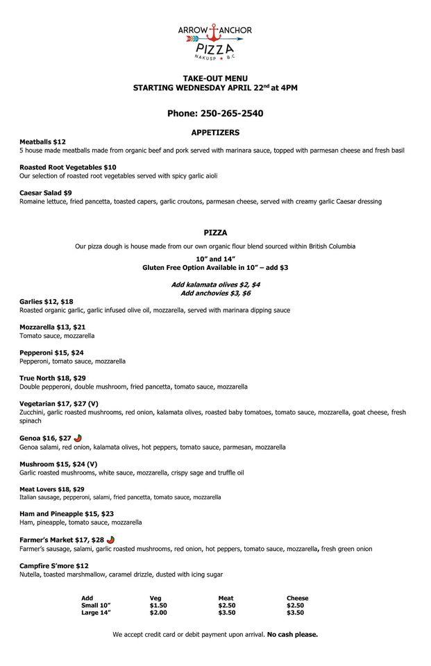 Menu at Arrow and Anchor Pizza restaurant, Nakusp
