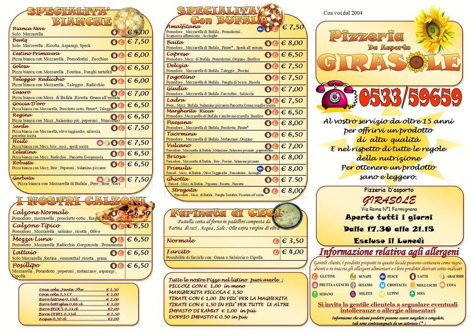 Menu Da Girasole Pizzeria Da Asporto A Formignana Formignana