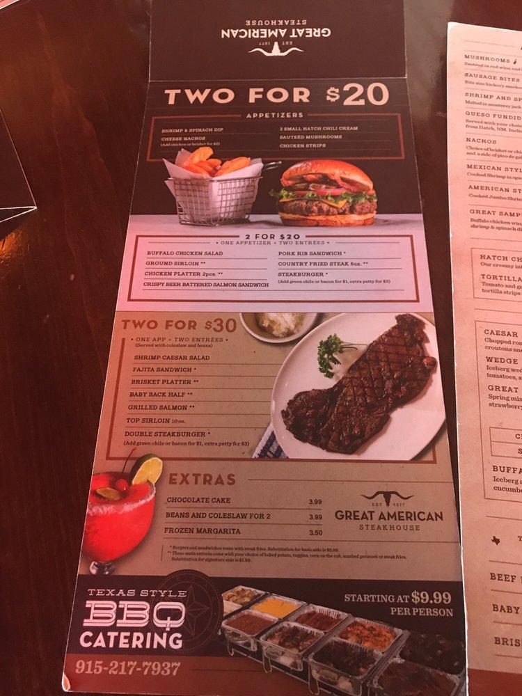 Menu at Great American Steakhouse, Anthony, 600 Valley Chili Rd