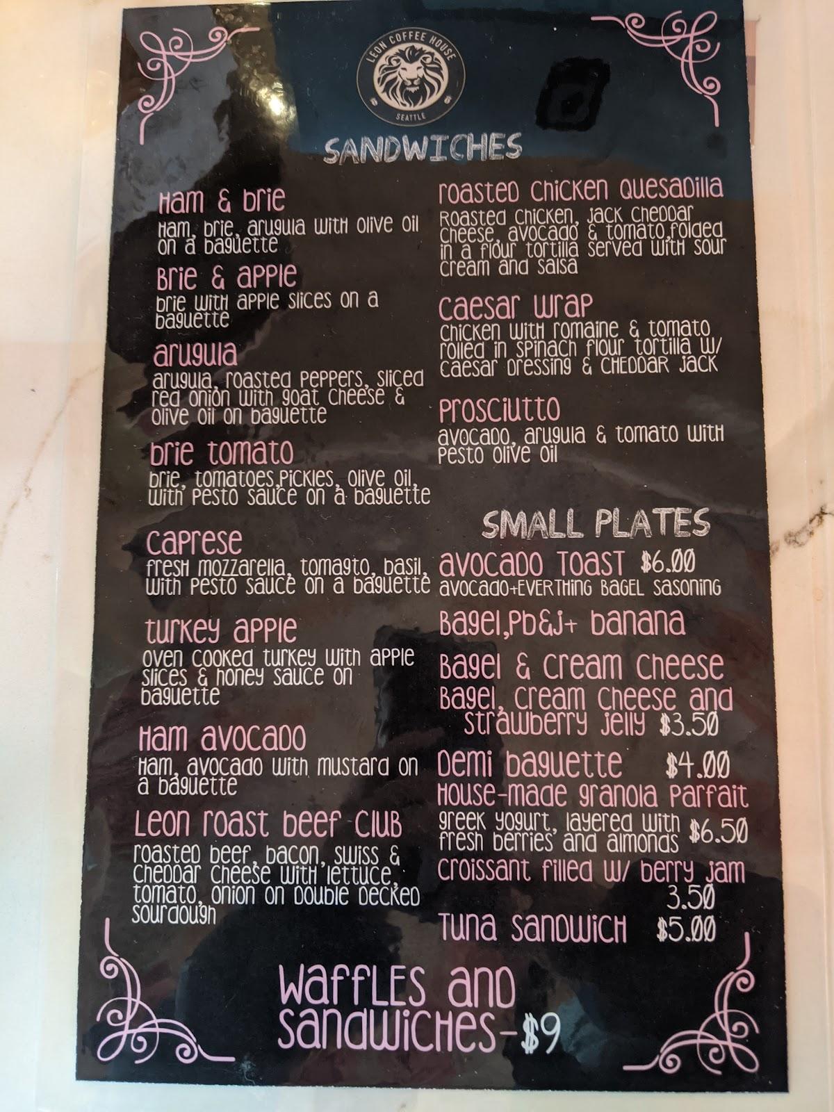 Menu at Leon Coffee House, Seattle