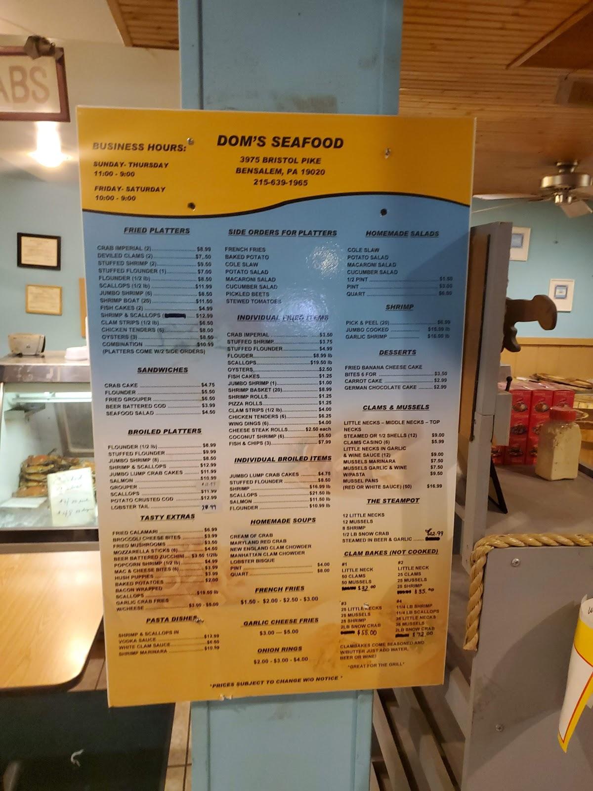 Menu at Dom's Seafood restaurant, Bensalem