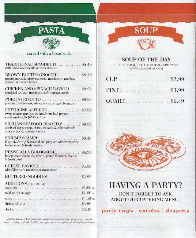 Menu at Glorioso's Italian Market restaurant, Milwaukee, E Brady St