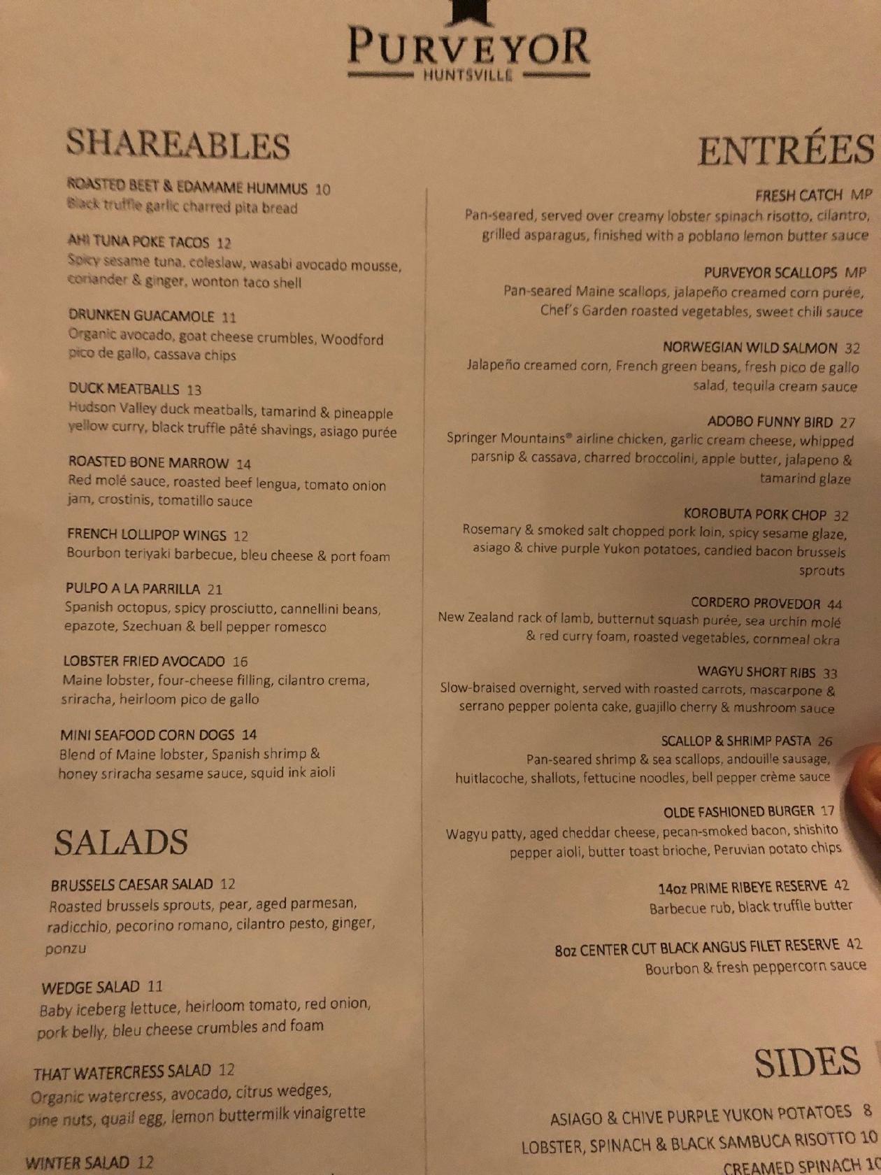 Menu at Purveyor pub & bar, Huntsville