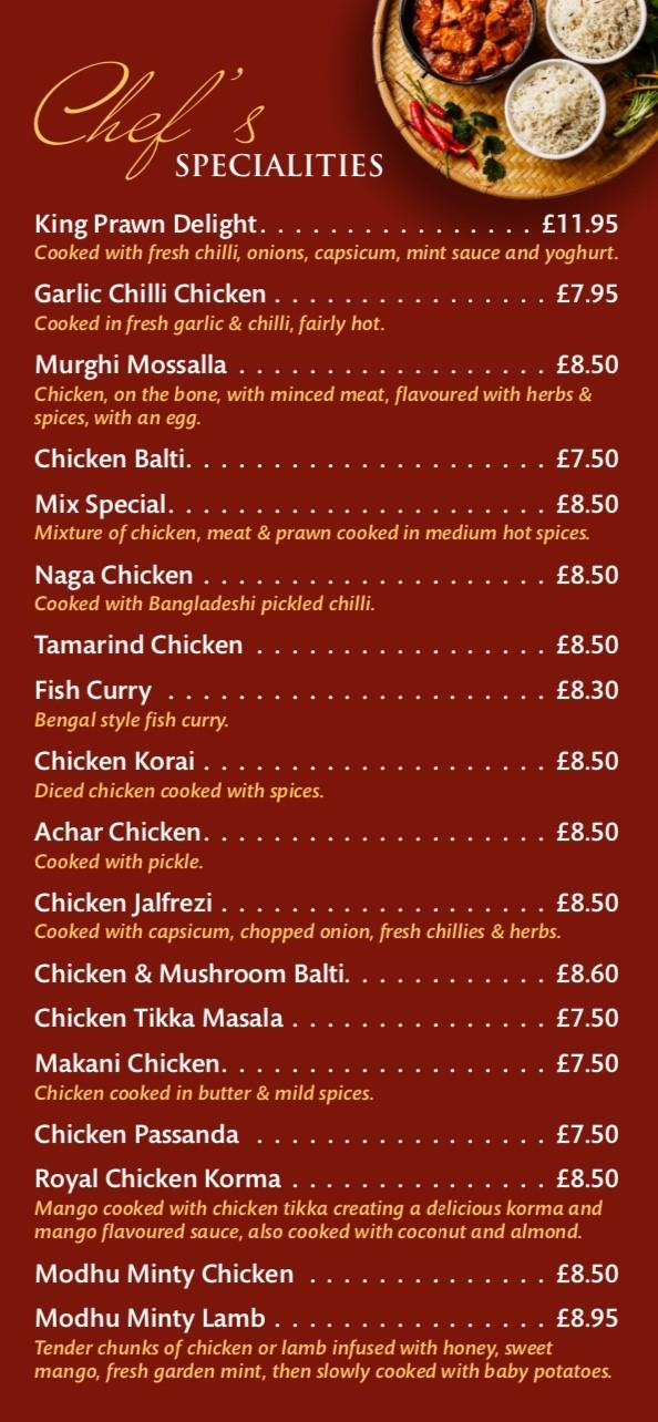 Menu at Red Chillies restaurant, Blaenau Ffestiniog