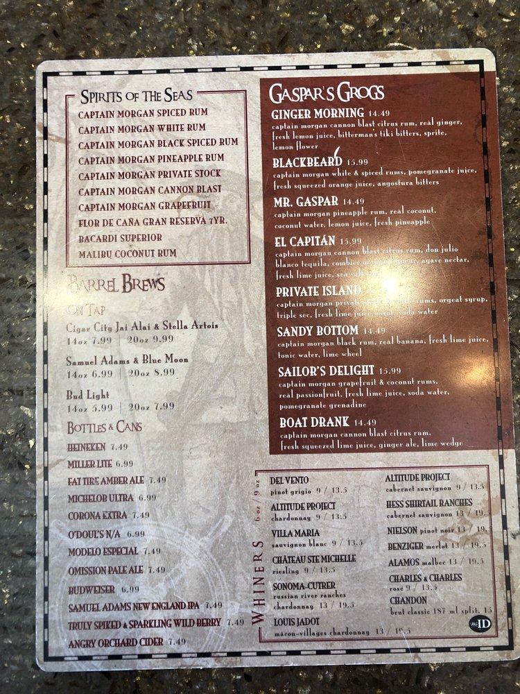 Menu at The Gasparilla Bar, Tampa