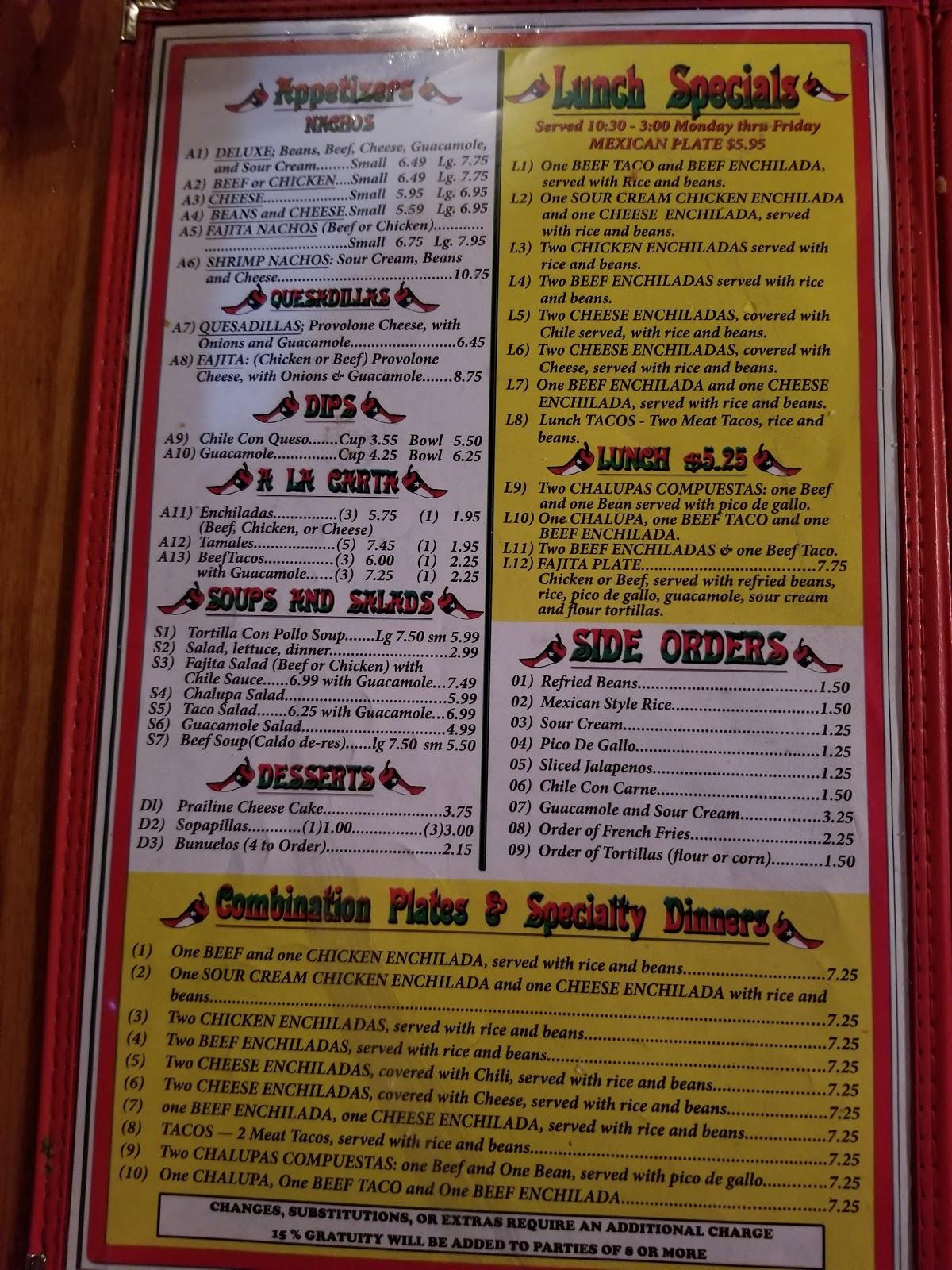 Menu at El Jacalito restaurant, Seven Points, 127 E Cedar Creek Pkwy