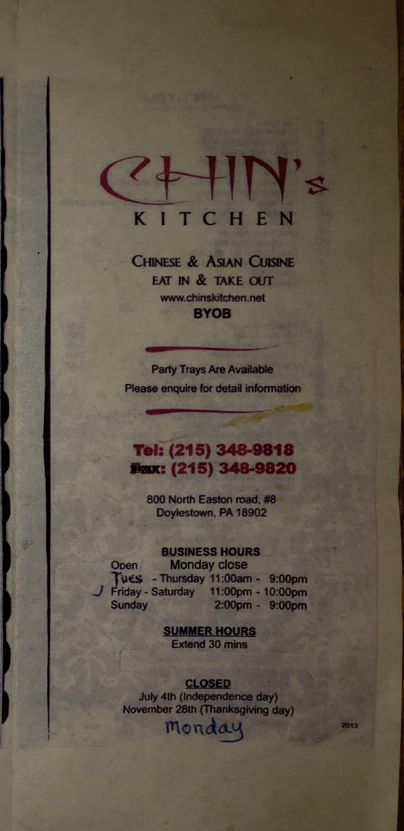 Menu at Chin's Kitchen restaurant, Doylestown