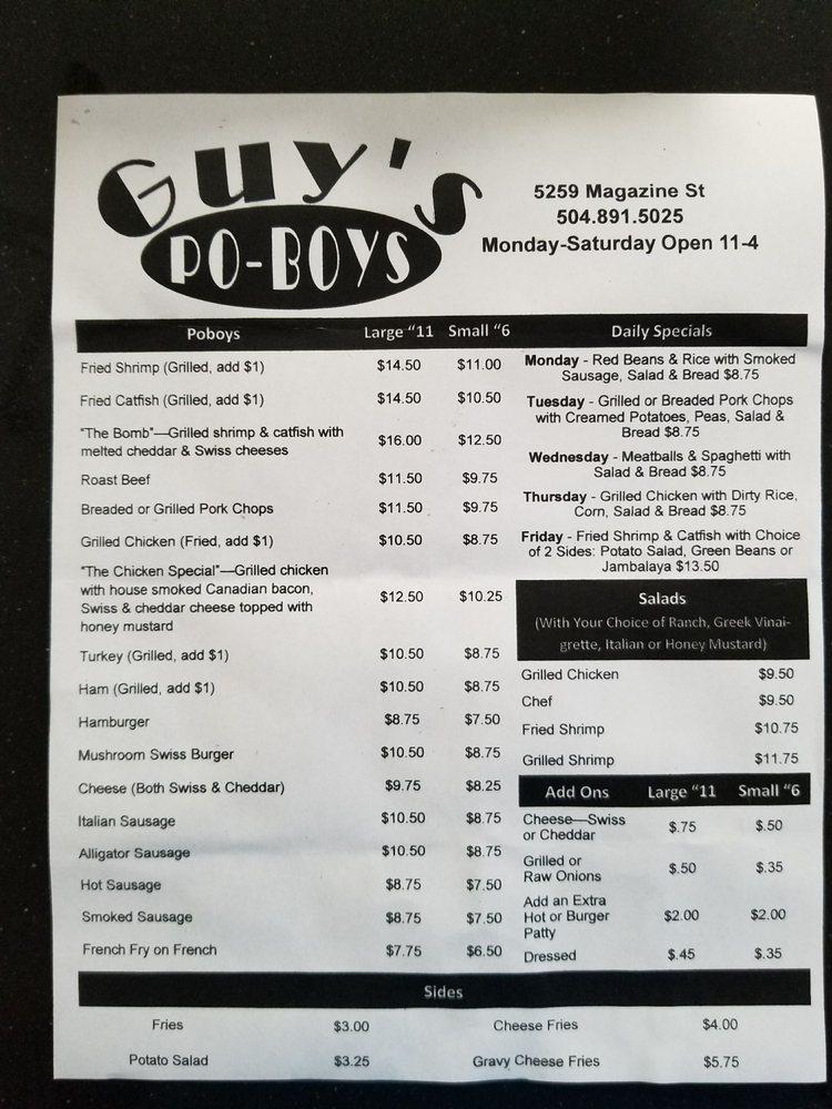 Menu at Guy's Po-Boys restaurant, New Orleans