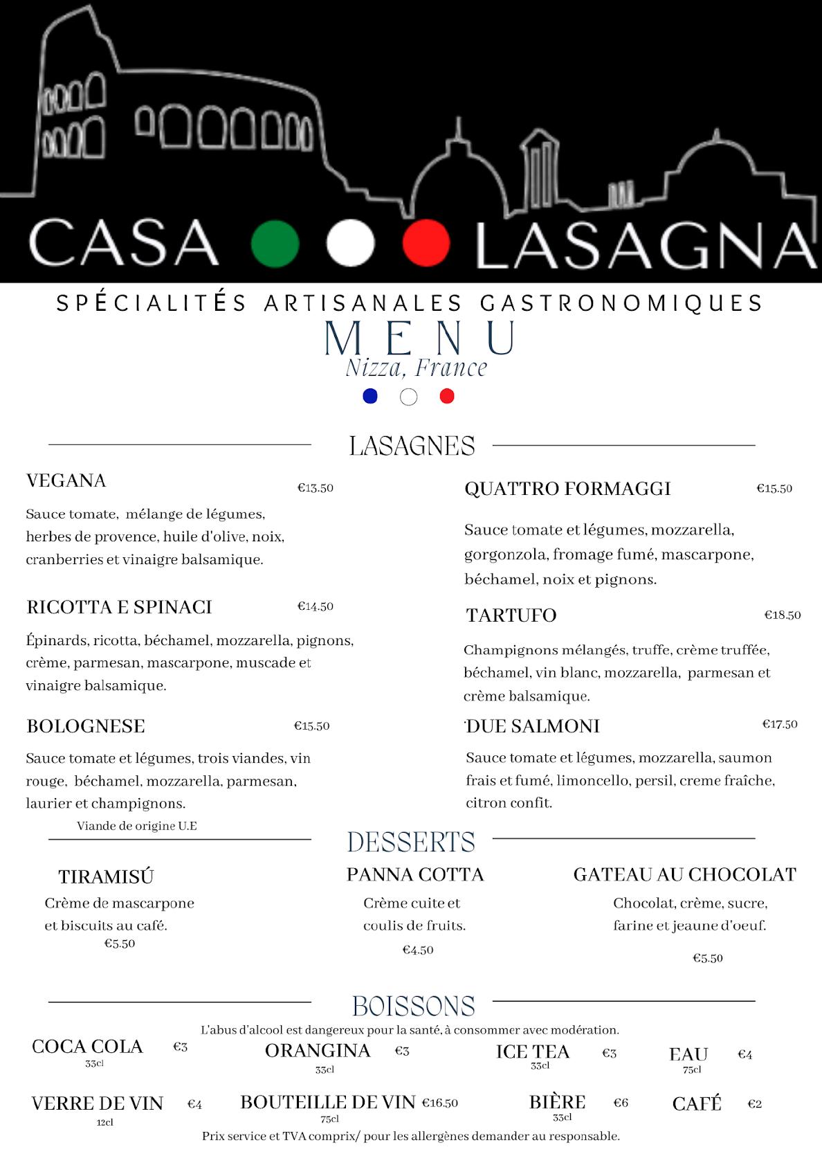 Menu at CASA LASAGNA restaurant, Nice