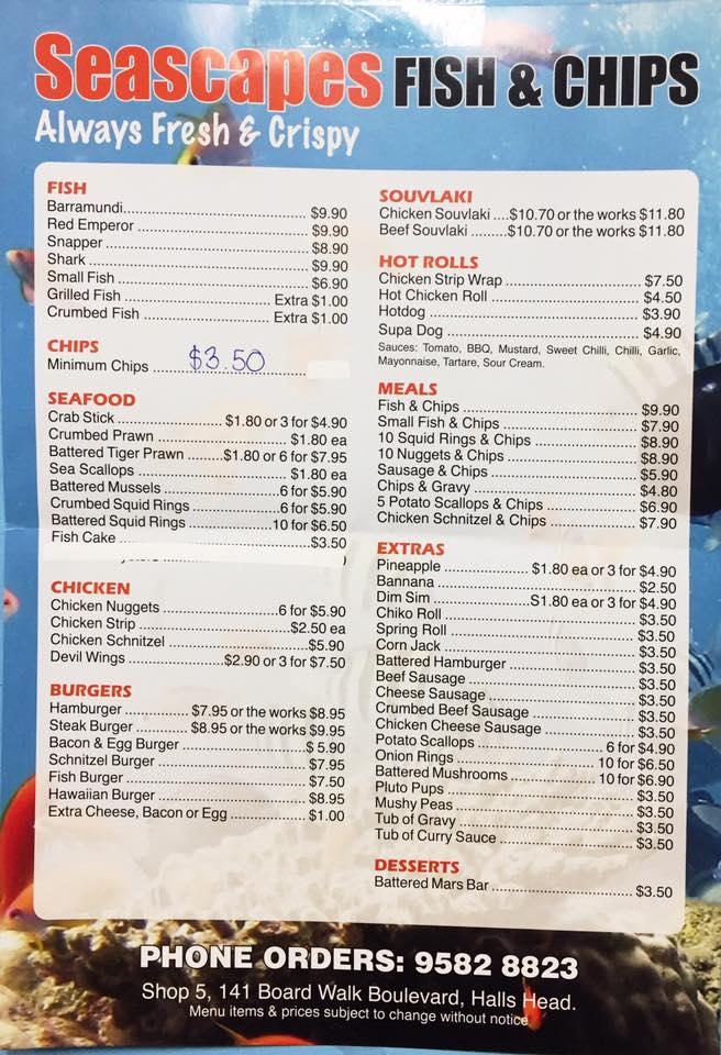 Menu at Seascapes Fish and Chips fast food, South Yunderup