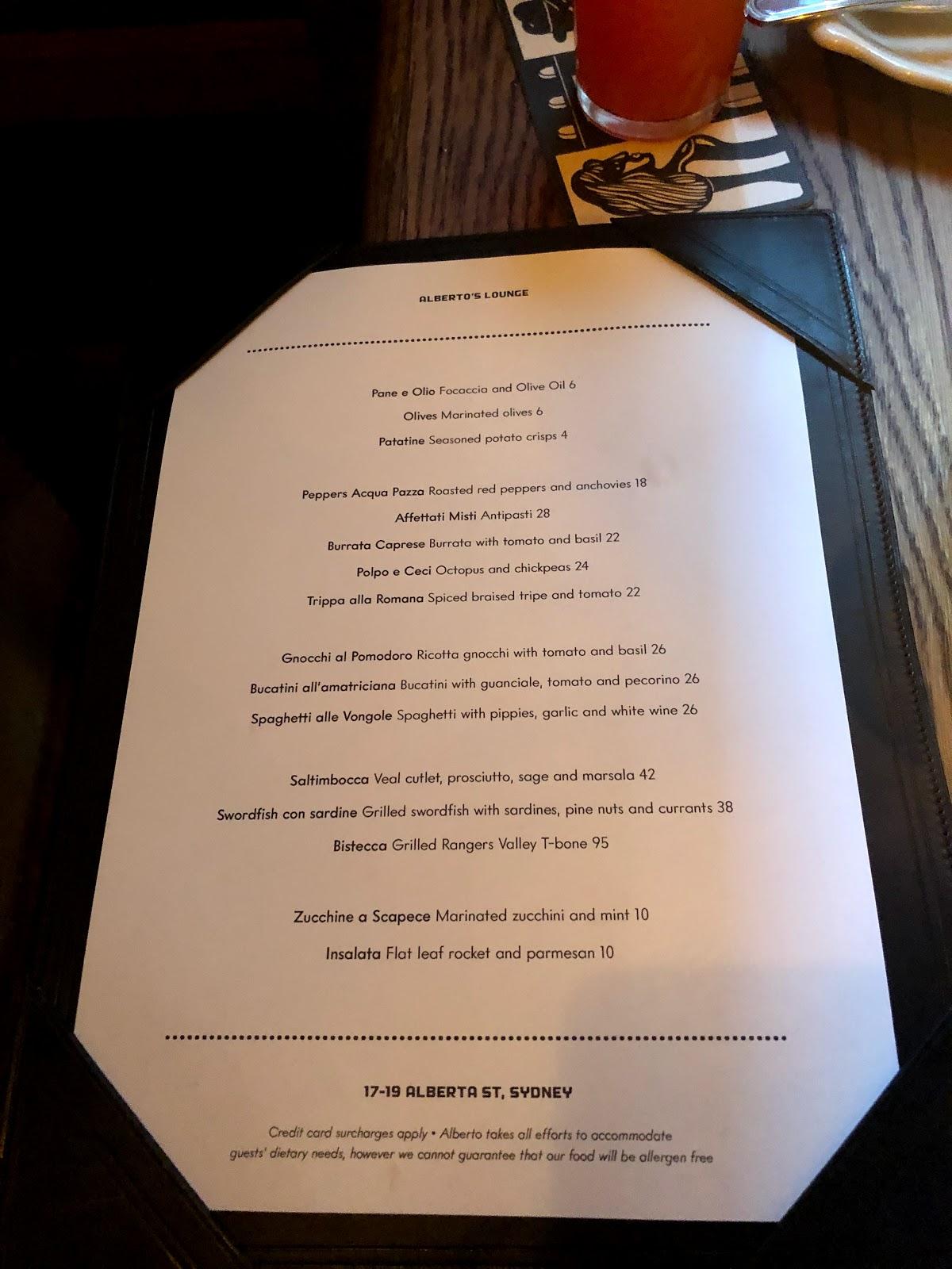 Menu at Alberto's Lounge restaurant, Sydney