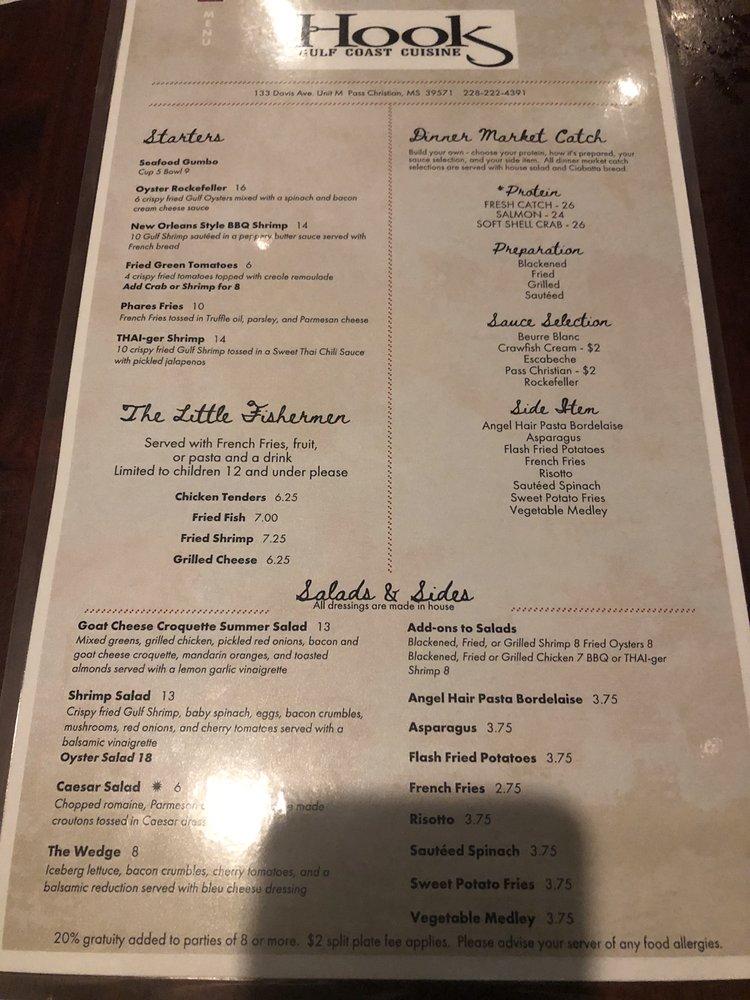 Menu at Hook Gulf Coast Cuisine restaurant, Pass Christian